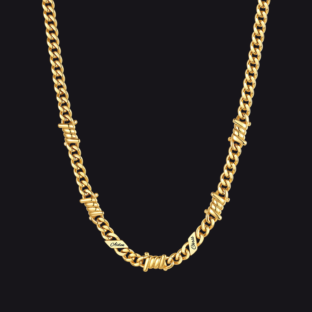 Custom name barbed gothic wire Cuban link chain necklace for men, 14k gold 7mm with 2 engraved names