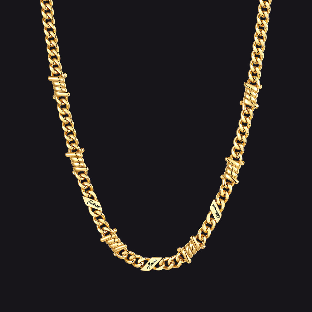 Custom name barbed gothic wire Cuban link chain necklace for men, 14k gold 7mm with 3 engraved names