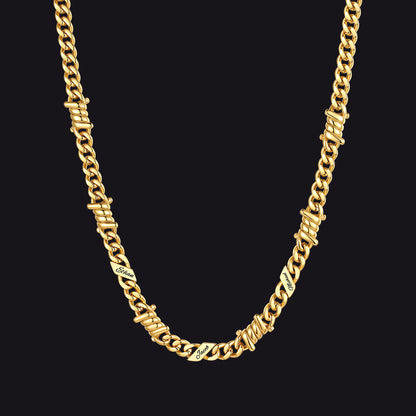 Custom name barbed gothic wire Cuban link chain necklace for men, 14k gold 7mm with 3 engraved names