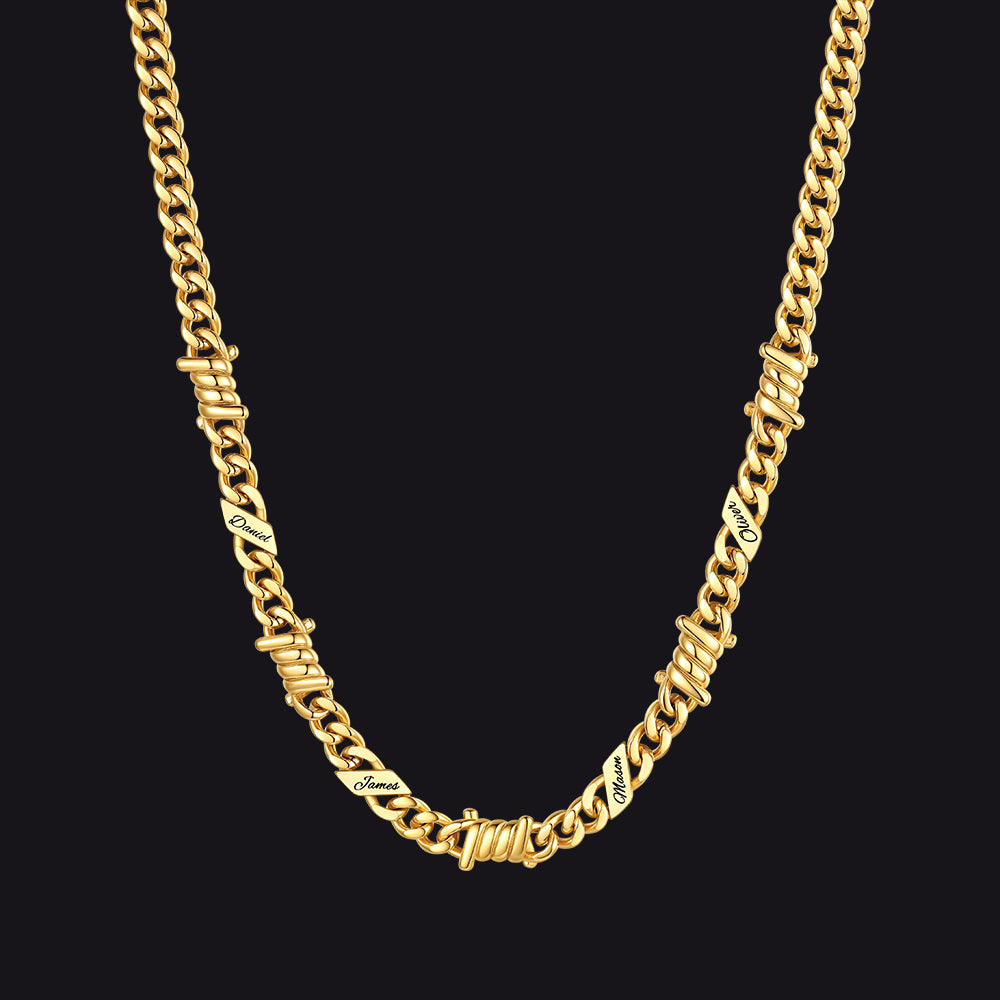 Custom name barbed gothic wire Cuban link chain necklace for men, 14k gold 7mm with 4 engraved names