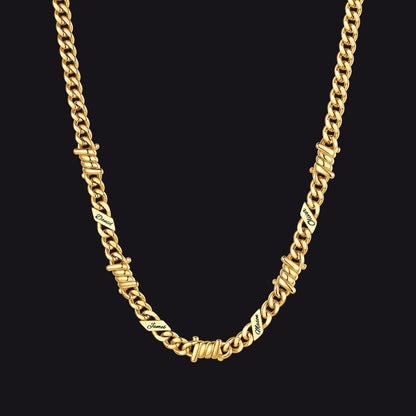 Custom name barbed gothic wire Cuban link chain necklace for men, 14k gold 7mm with 4 engraved names