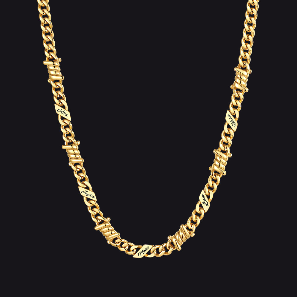 Custom name barbed gothic wire Cuban link chain necklace for men, 14k gold 7mm with 5 engraved names