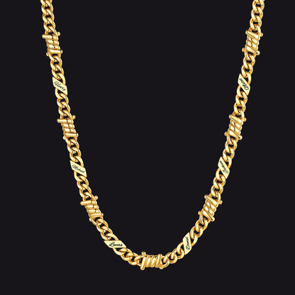 Custom name barbed gothic wire Cuban link chain necklace for men, 14k gold 7mm with 6 engraved names