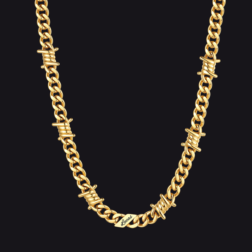Custom name barbed gothic wire Cuban link chain necklace for men, 14k gold 9mm with 1 engraved name