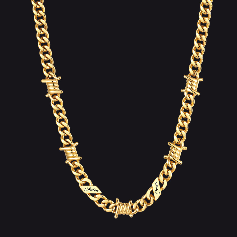 Custom name barbed gothic wire Cuban link chain necklace for men, 14k gold 9mm with 2 engraved names