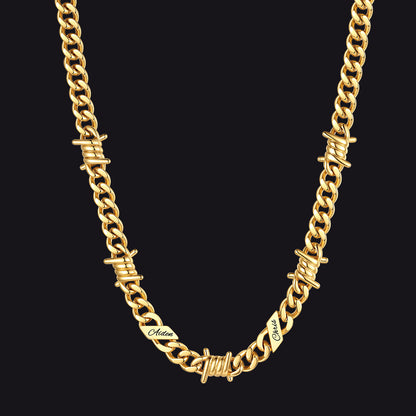 Custom name barbed gothic wire Cuban link chain necklace for men, 14k gold 9mm with 2 engraved names