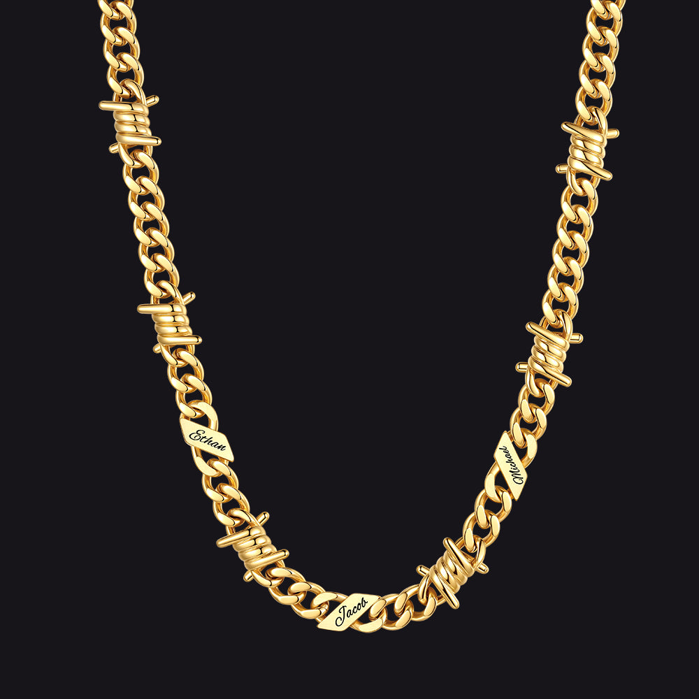 Custom name barbed gothic wire Cuban link chain necklace for men, 14k gold 9mm with 3 engraved names