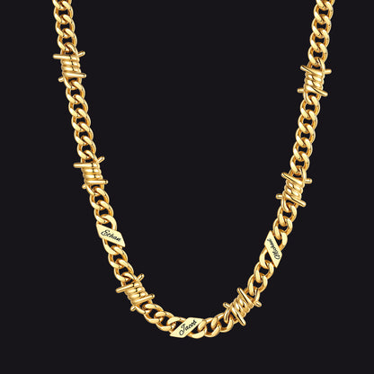 Custom name barbed gothic wire Cuban link chain necklace for men, 14k gold 9mm with 3 engraved names
