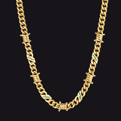 Custom name barbed gothic wire Cuban link chain necklace for men, 14k gold 9mm with 4 engraved names