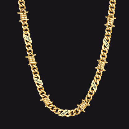 Custom name barbed gothic wire Cuban link chain necklace for men, 14k gold 9mm with 5 engraved names