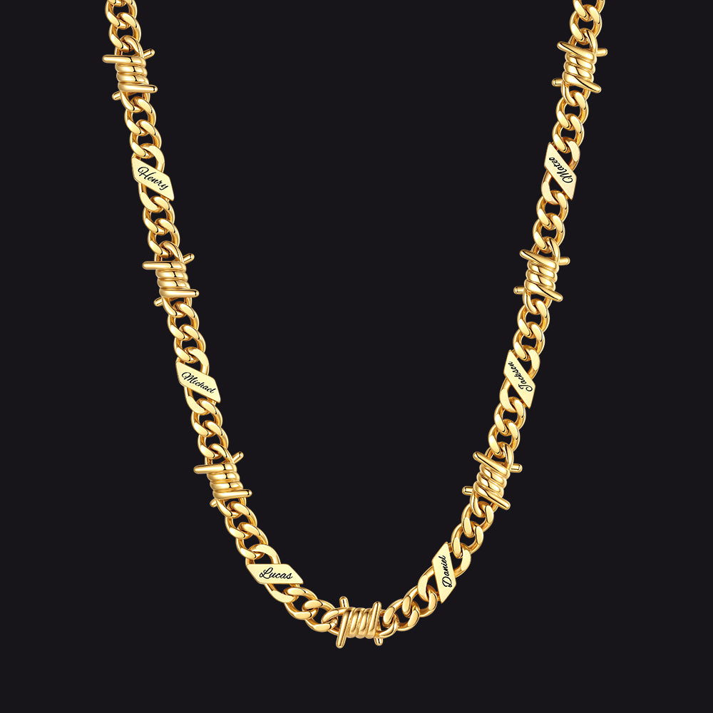 Custom name barbed gothic wire Cuban link chain necklace for men, 14k gold 9mm with 6 engraved names