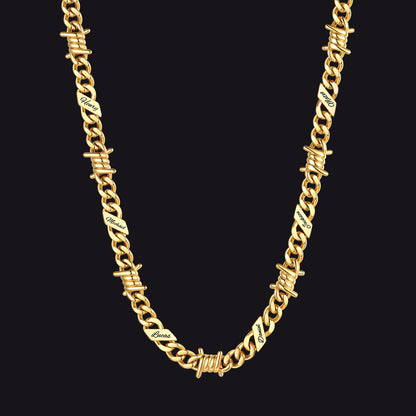 Custom name barbed gothic wire Cuban link chain necklace for men, 14k gold 9mm with 6 engraved names