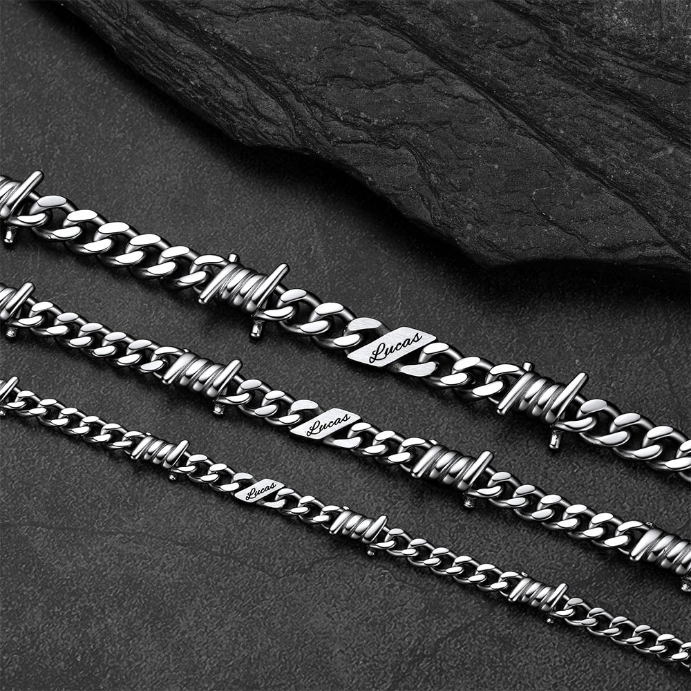 Custom name barbed gothic wire Cuban link chain necklace in 5mm, 7mm, 9mm width options