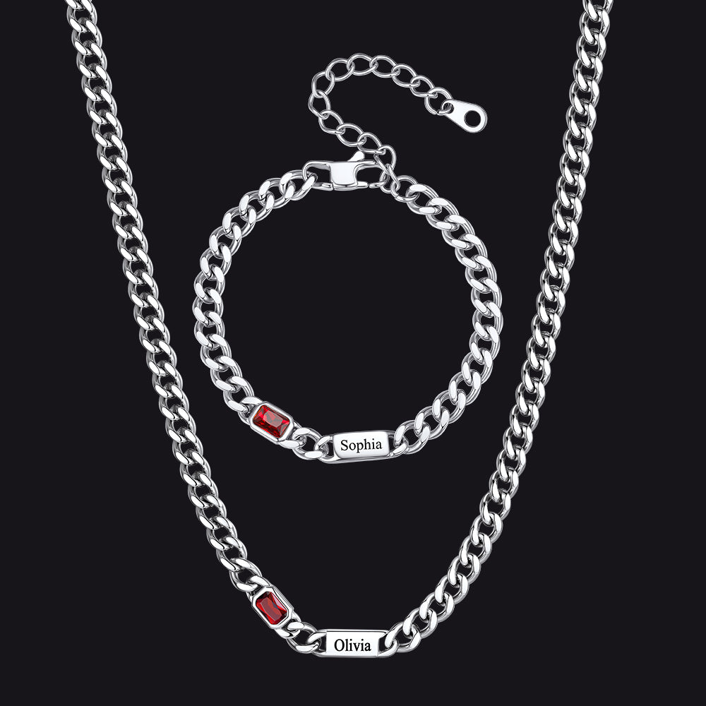 Custom Name Birthstone  Chain Necklace & Bracelet Gift Set for Men