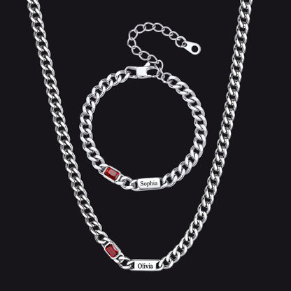 Custom Name Birthstone  Chain Necklace & Bracelet Gift Set for Men