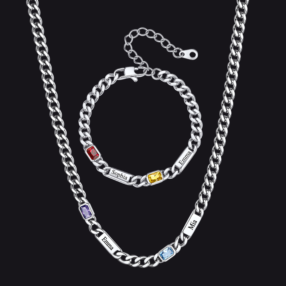 Custom Name Birthstone  Chain Necklace & Bracelet Gift Set for Men