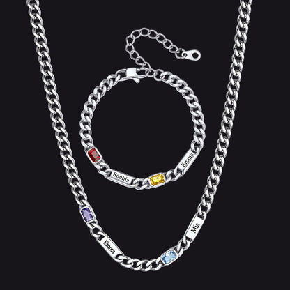 Custom Name Birthstone  Chain Necklace & Bracelet Gift Set for Men