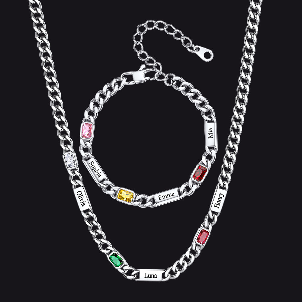 Custom Name Birthstone  Chain Necklace & Bracelet Gift Set for Men
