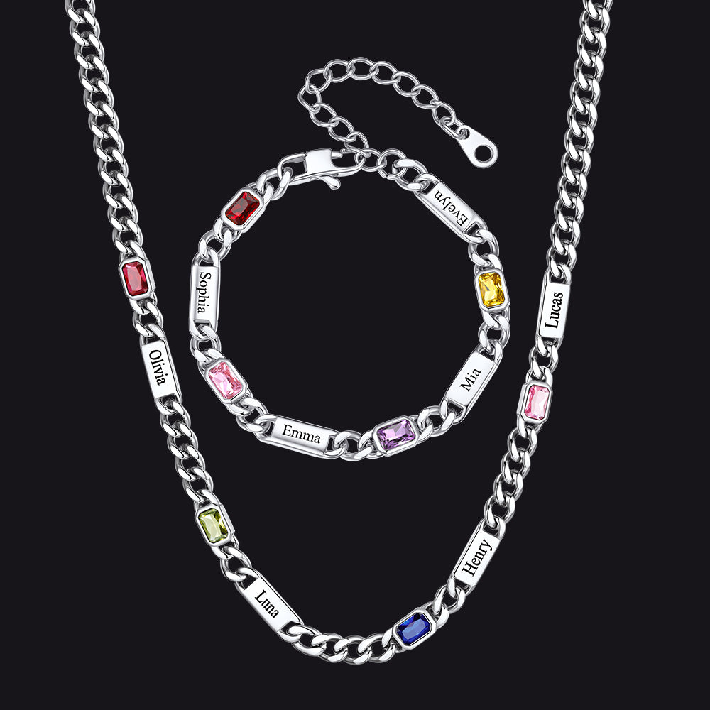 Custom Name Birthstone  Chain Necklace & Bracelet Gift Set for Men