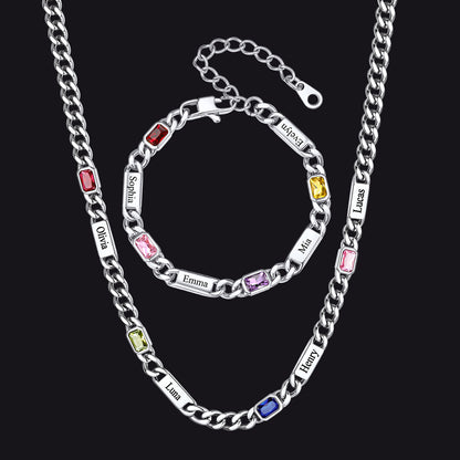 Custom Name Birthstone  Chain Necklace & Bracelet Gift Set for Men