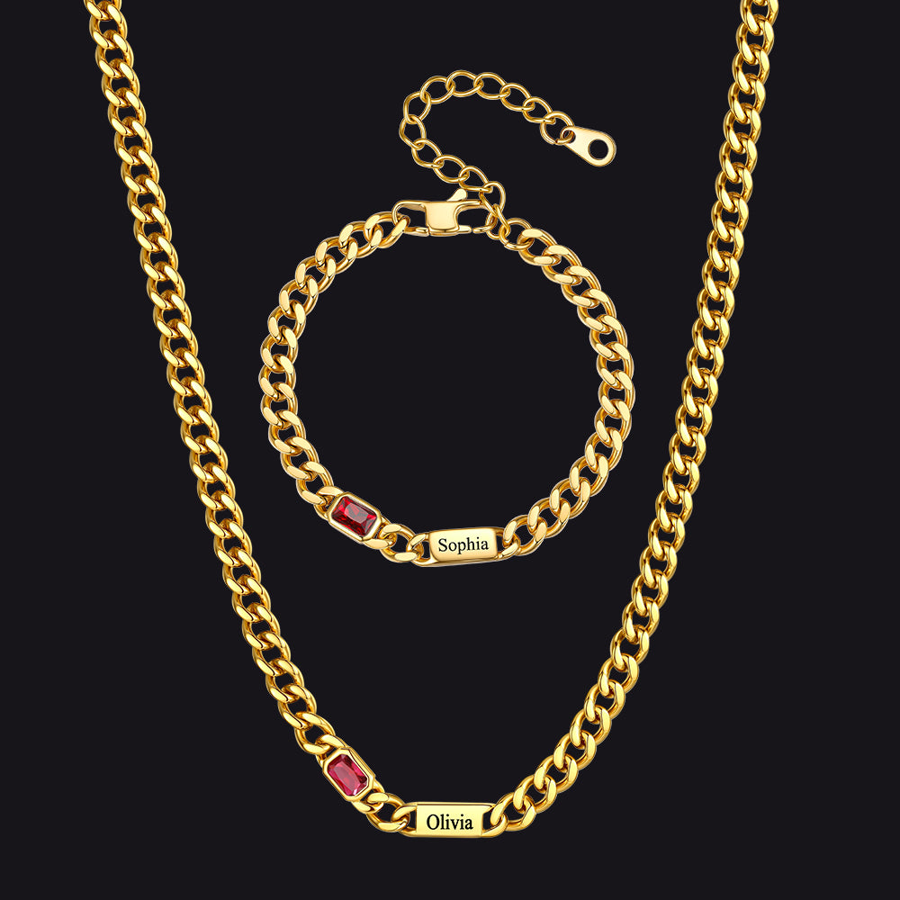Custom Name Birthstone  Chain Necklace & Bracelet Gift Set for Men