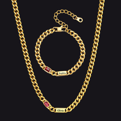 Custom Name Birthstone  Chain Necklace & Bracelet Gift Set for Men