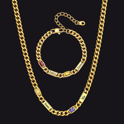 Custom Name Birthstone  Chain Necklace & Bracelet Gift Set for Men