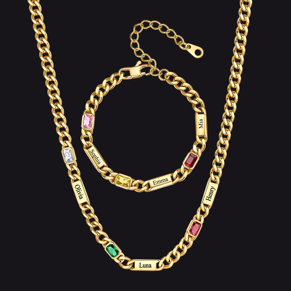 Custom Name Birthstone  Chain Necklace & Bracelet Gift Set for Men