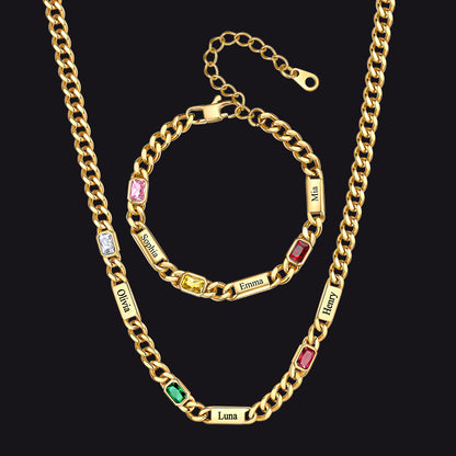 Custom Name Birthstone  Chain Necklace & Bracelet Gift Set for Men