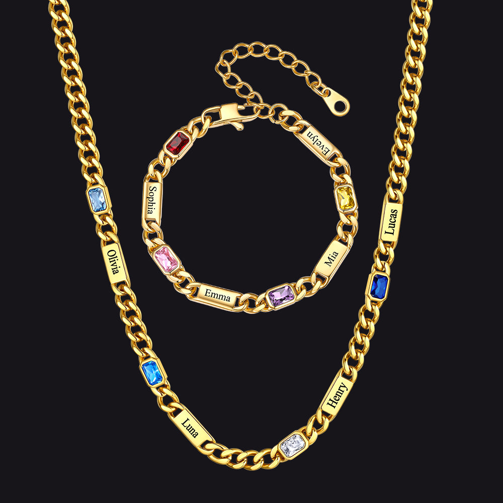 Custom Name Birthstone  Chain Necklace & Bracelet Gift Set for Men