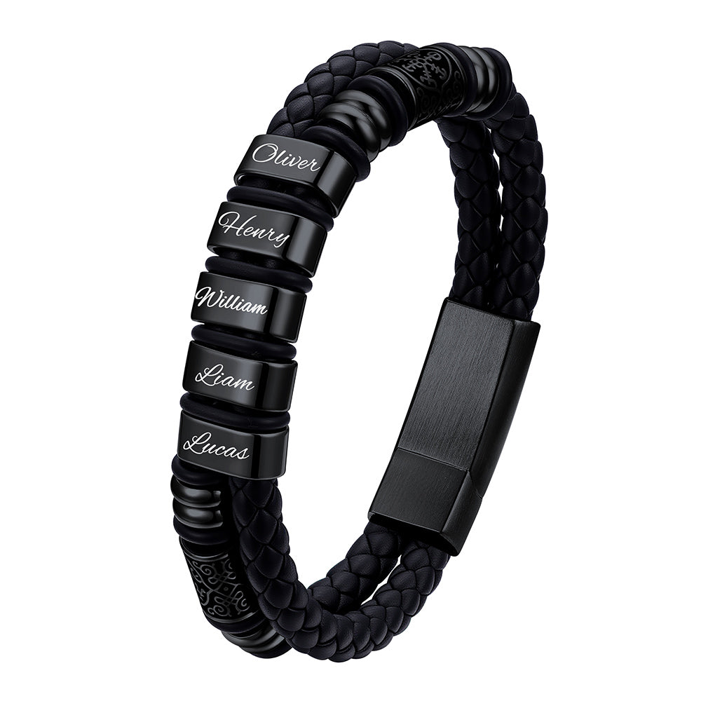 Custom Name Black braided bracelet with engraved names on a white background