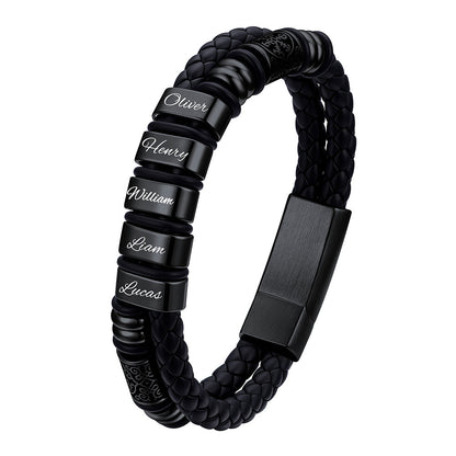 Custom Name Black braided bracelet with engraved names on a white background