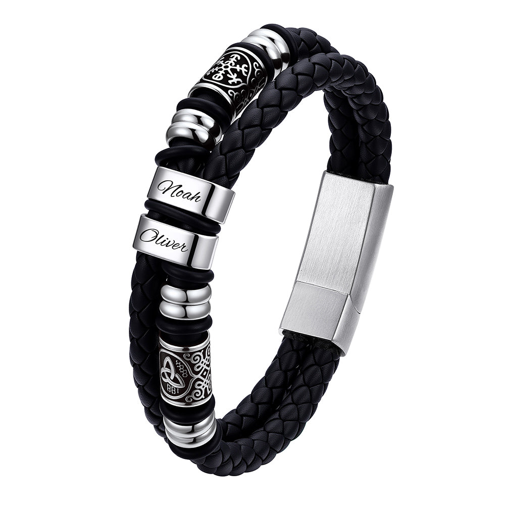 Custom Name Black braided leather bracelet with silver beads and engraved name on a white background