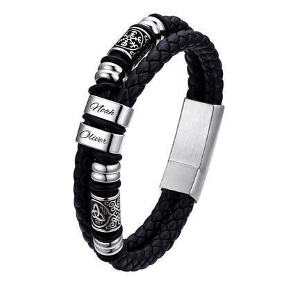 Custom Name Black braided leather bracelet with silver beads and engraved name on a white background
