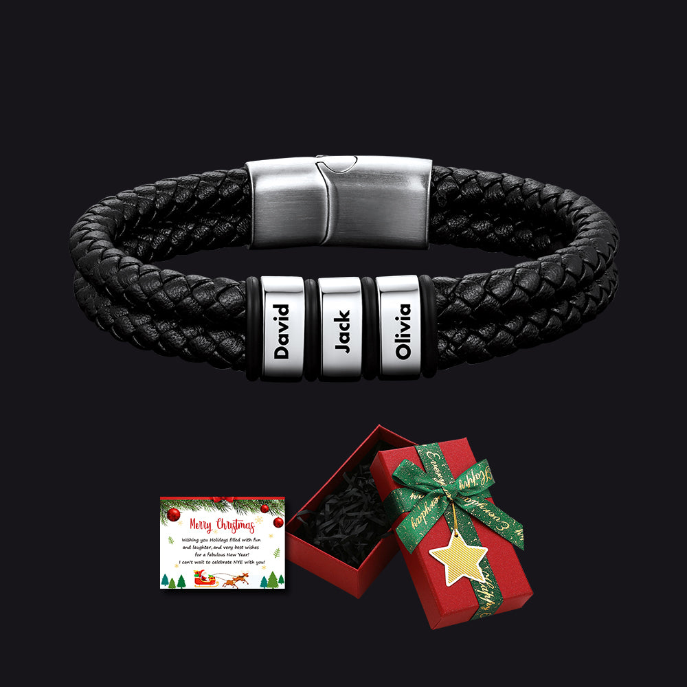 Custom Name Braided Leather Bracelet with Christmas Gift Box & Card