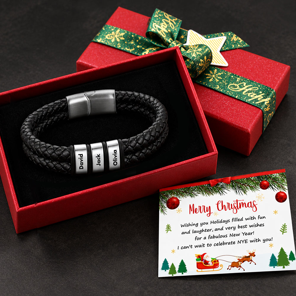 Custom Name Braided Leather Bracelet with Christmas Gift Box & Card