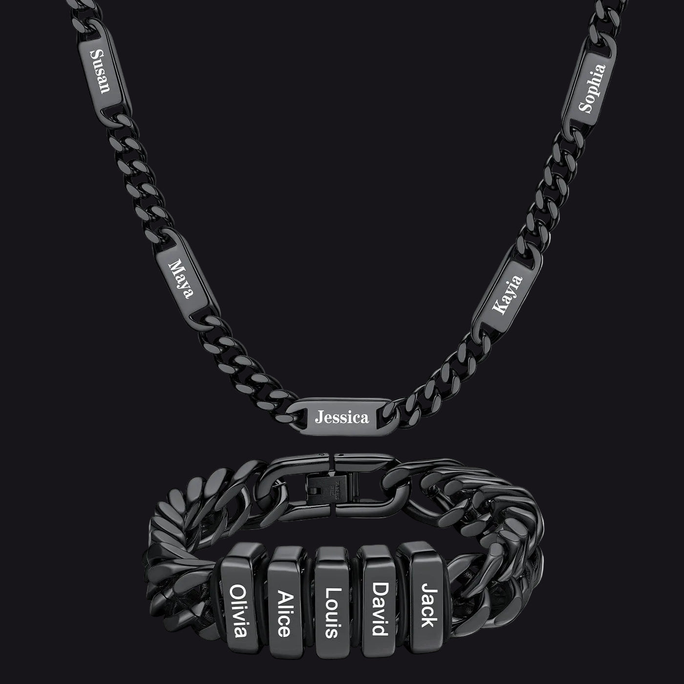 Custom Name Cuban Chain Necklace Earrings Set Black Plated