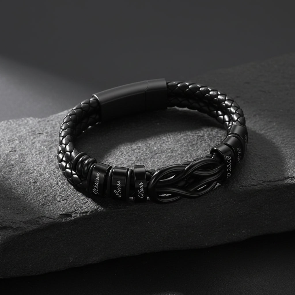 Black Custom Engraved Names Infinity Love Knot Leather Bracelet for Men Couple