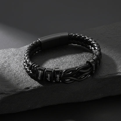 Black Custom Engraved Names Infinity Love Knot Leather Bracelet for Men Couple