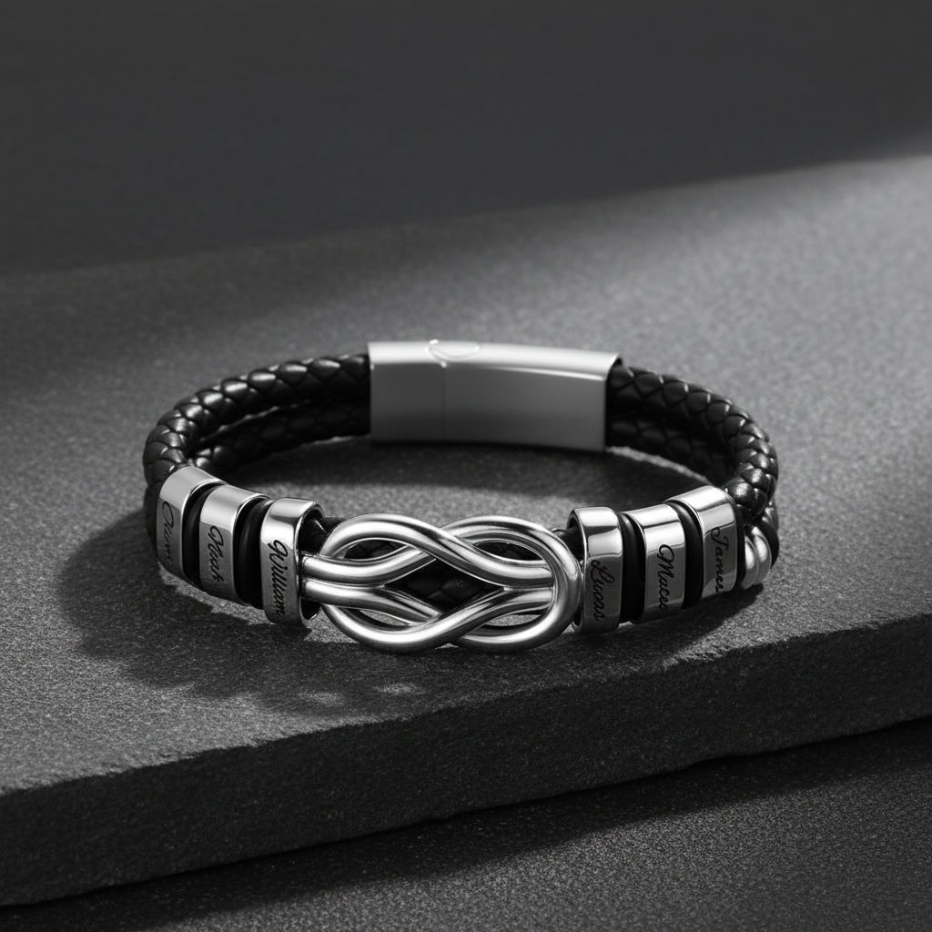 Custom Engraved Names Infinity Love Knot Leather Bracelet for Men Couple