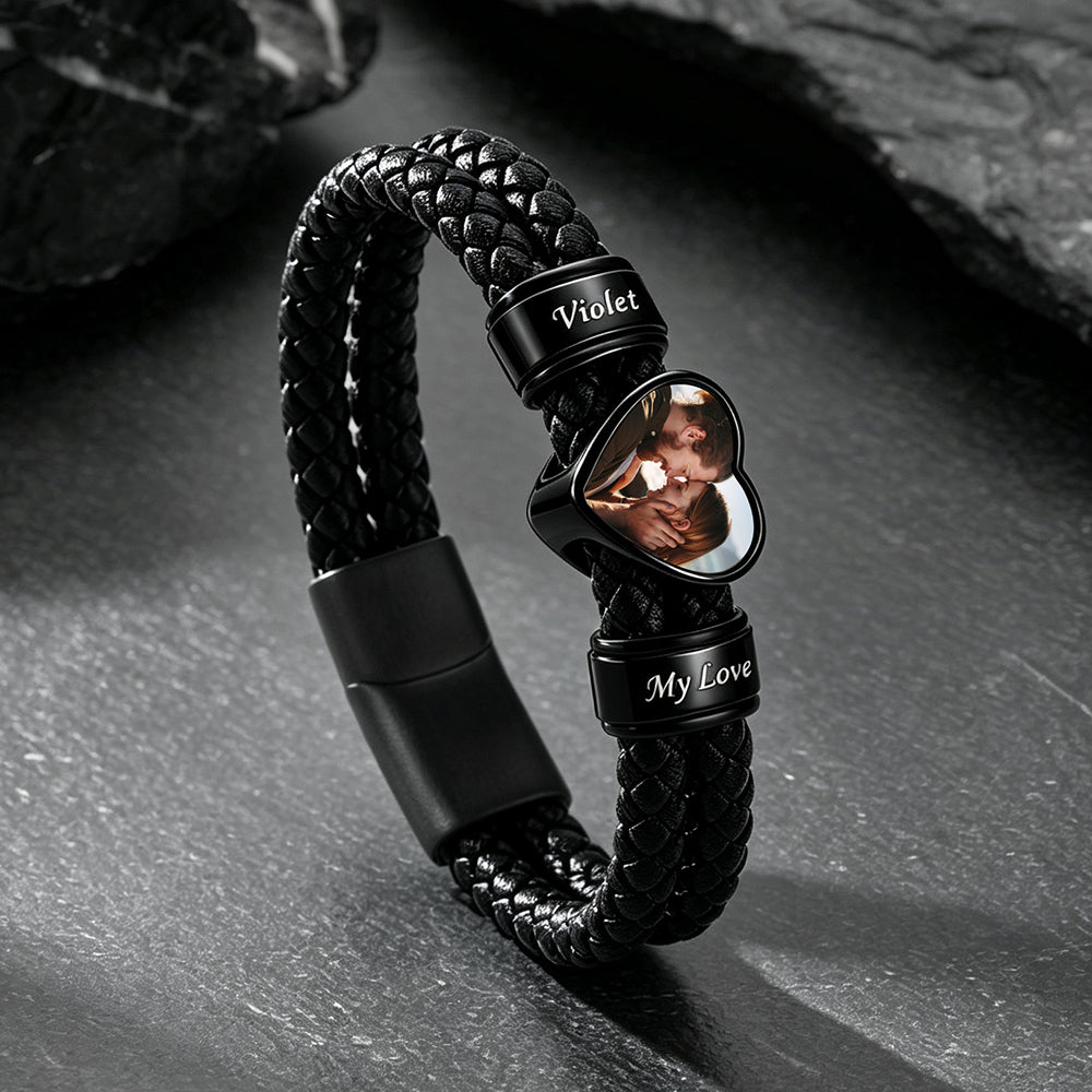 Custom Names Heart-Shape Picture Black Braided Leather Bracelet for Men