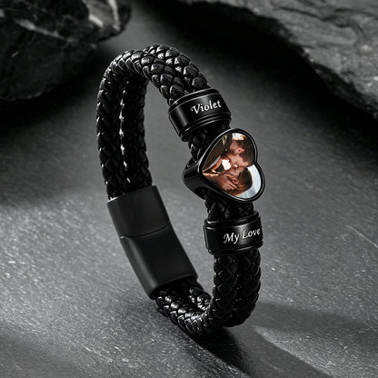 Custom Names Heart-Shape Picture Black Braided Leather Bracelet for Men