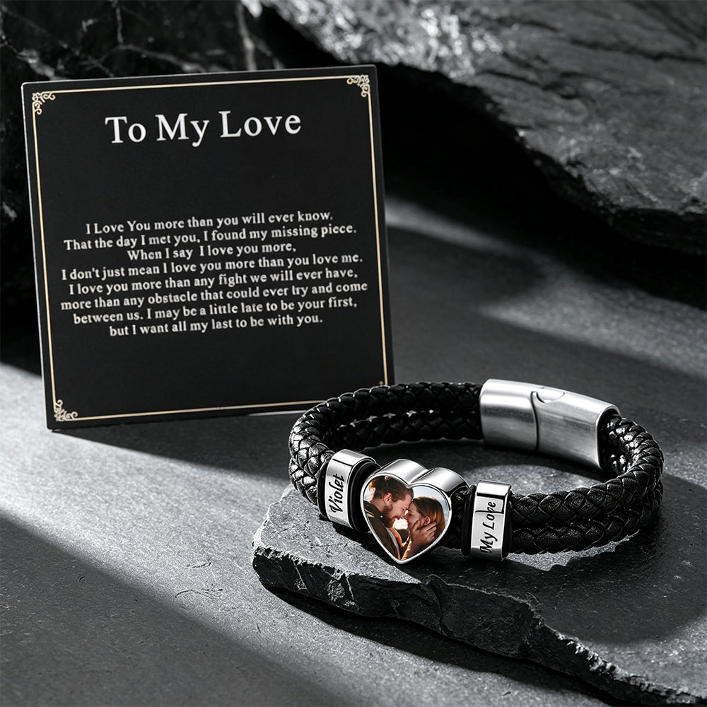 Custom Names Heart-Shape Picture Black Braided Leather Bracelet with gift card