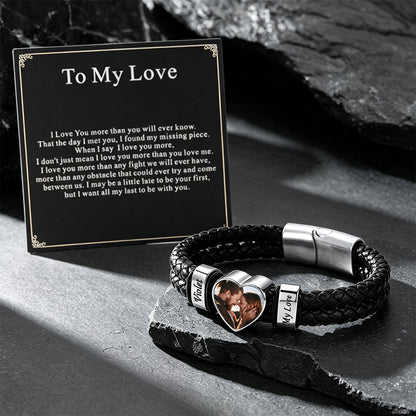 Custom Names Heart-Shape Picture Black Braided Leather Bracelet with gift card