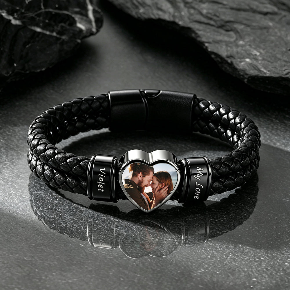 Custom Names Heart-Shape Picture Black Braided Leather Bracelet for Men