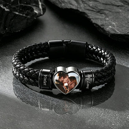 Custom Names Heart-Shape Picture Black Braided Leather Bracelet for Men