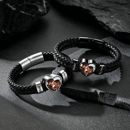 Custom Names Heart-Shape Picture Black Braided Leather Bracelet for Men