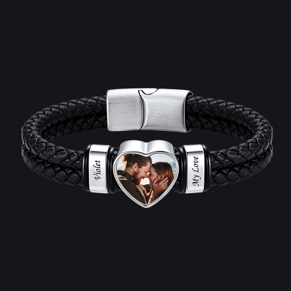 Custom Names Heart-Shape Picture Braided Leather Bracelet for Men, 2 Names