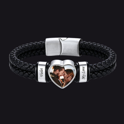 Custom Names Heart-Shape Picture Braided Leather Bracelet for Men, 2 Names