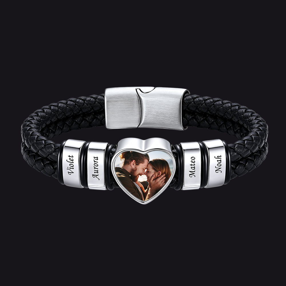 Custom Names Heart-Shape Picture Black Braided Leather Bracelet for Men, 4 Names